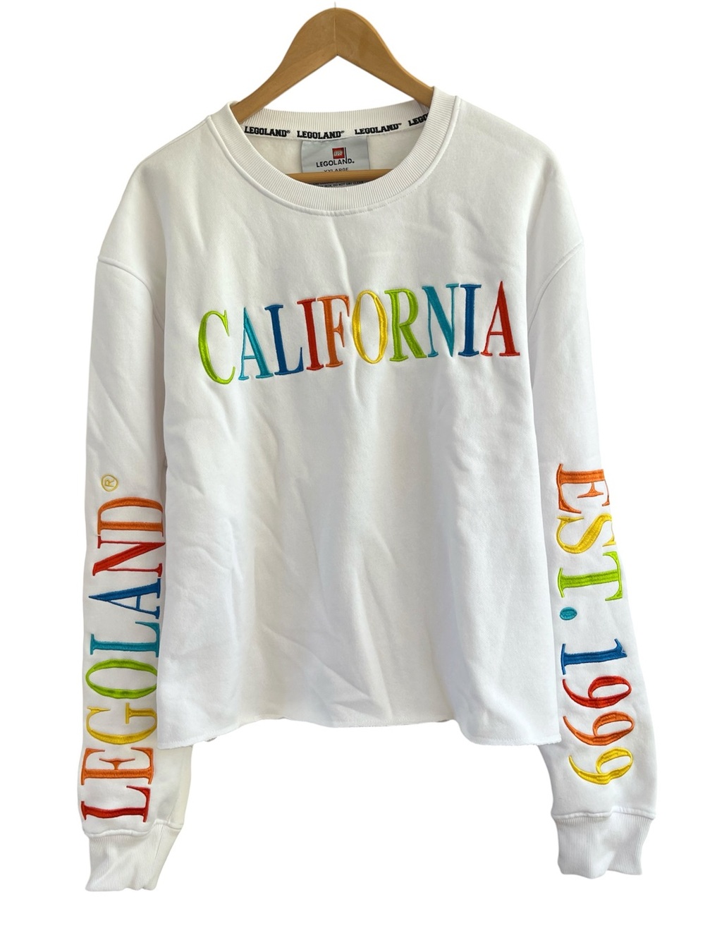 LEGOLAND California Womens XXL Cropped Sweatshirt White Rainbow Embroidery
